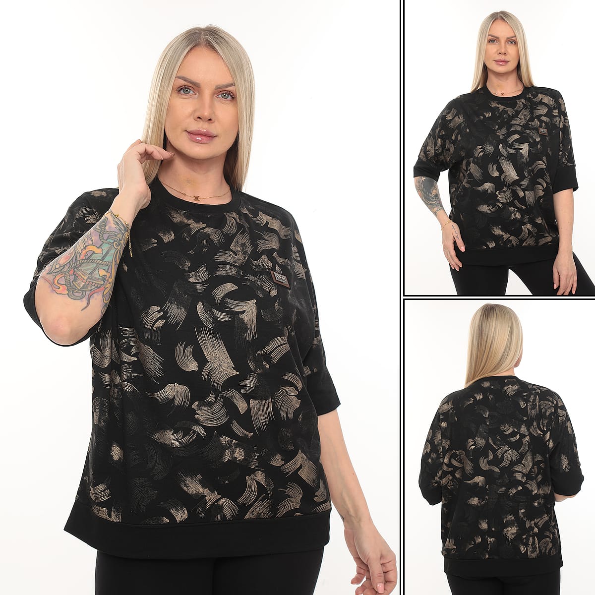 QRUVAZE Büyük Beden Bisiklet Yaka Fırça Desen Kadın Bluz